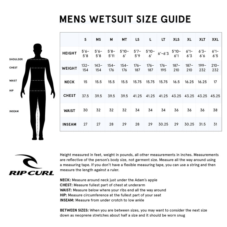 Rip Curl Wetsuit Size Chart - The Wave Shack